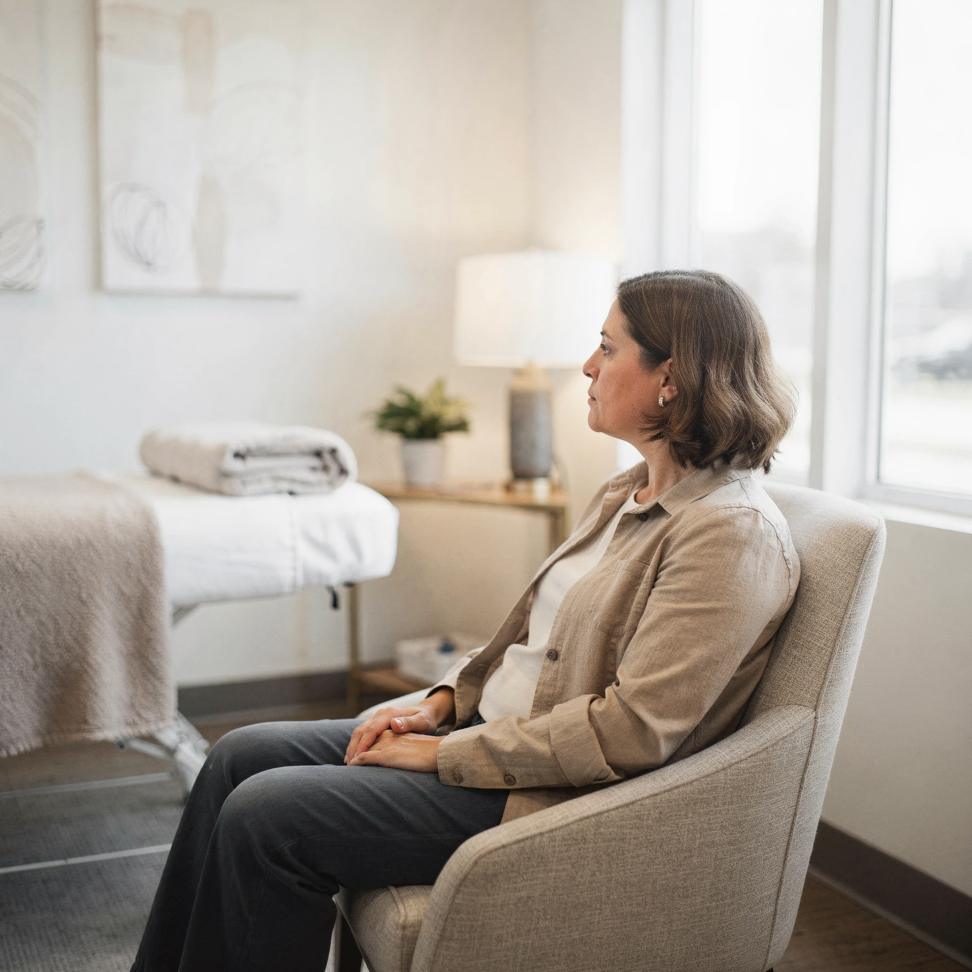 Woman sitting in a consultation room with bright windows, folded towels on a table behind her